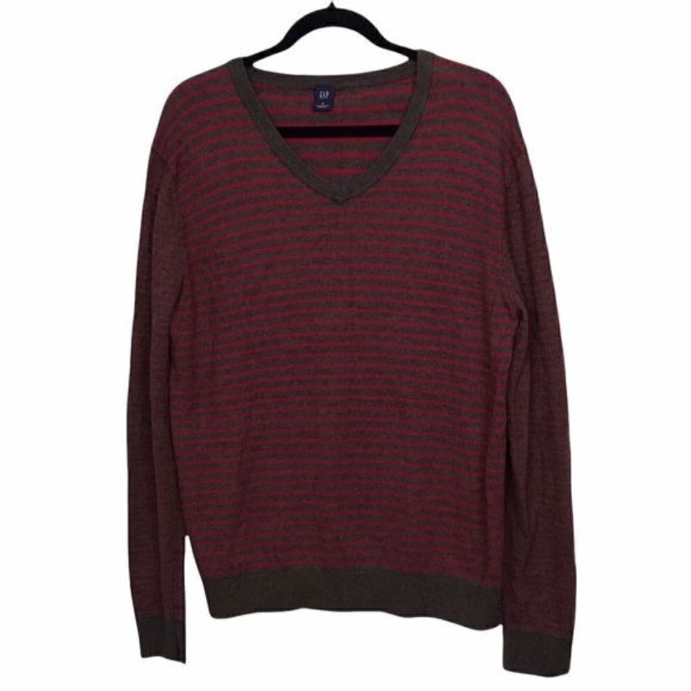 Gap Brown Red Stripe Cotton Wool Blend V Neck Sweater Medium